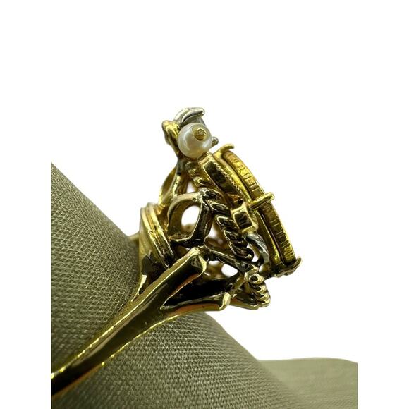 14K Yellow Gold Ring with Dos Peso Gold Coin, .12cttw Diamond & Pearls (7594) - Picture 5 of 8